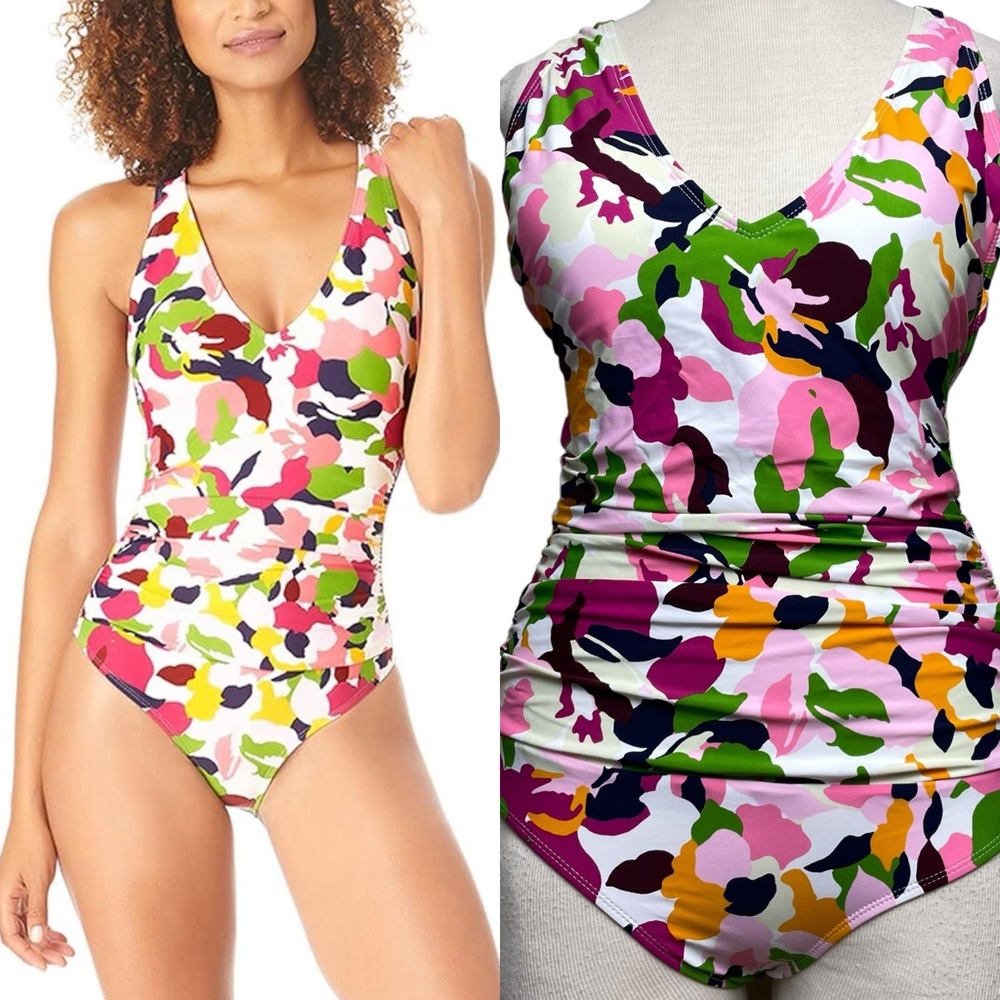 Anne Cole Camo Petal V Neck Shirred 1 Piece Adjustable Straps Supportive Bra 12